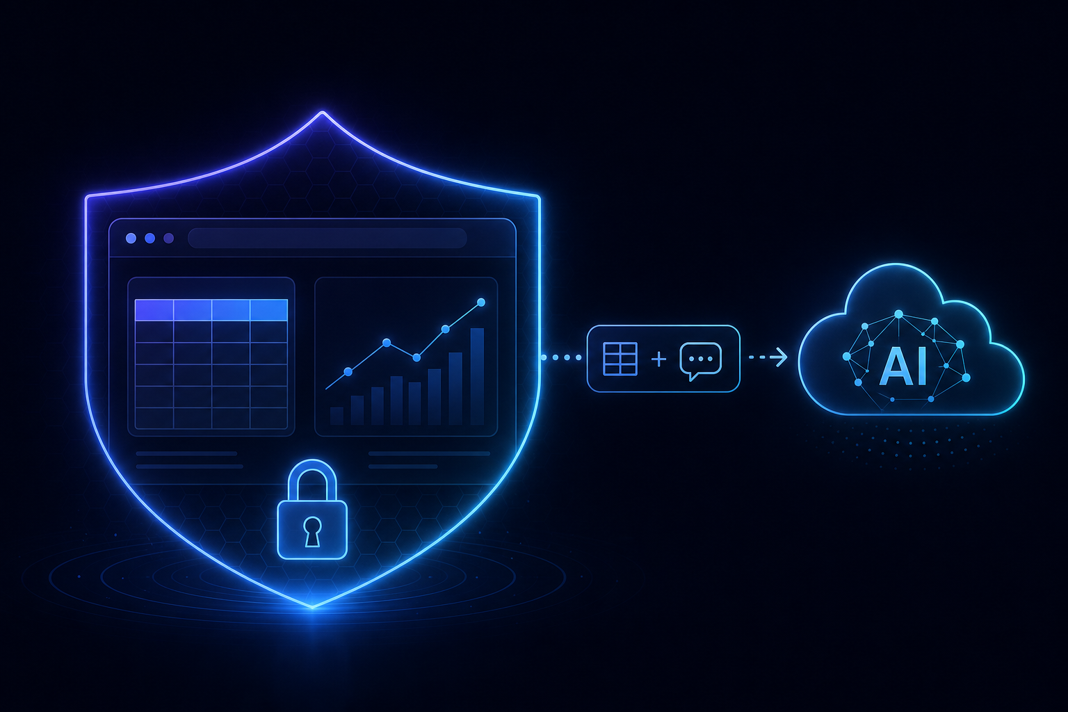 Illustration of a browser shielded with a lock, keeping data private while only a question is sent to the AI